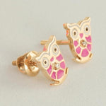 Load image into Gallery viewer, Owl Diamond Kids Stud Earrings, Enamel Studs, 14k Solid Gold, Natural Diamond, Gift for toddlers/girls/kid, Ready to Ship
