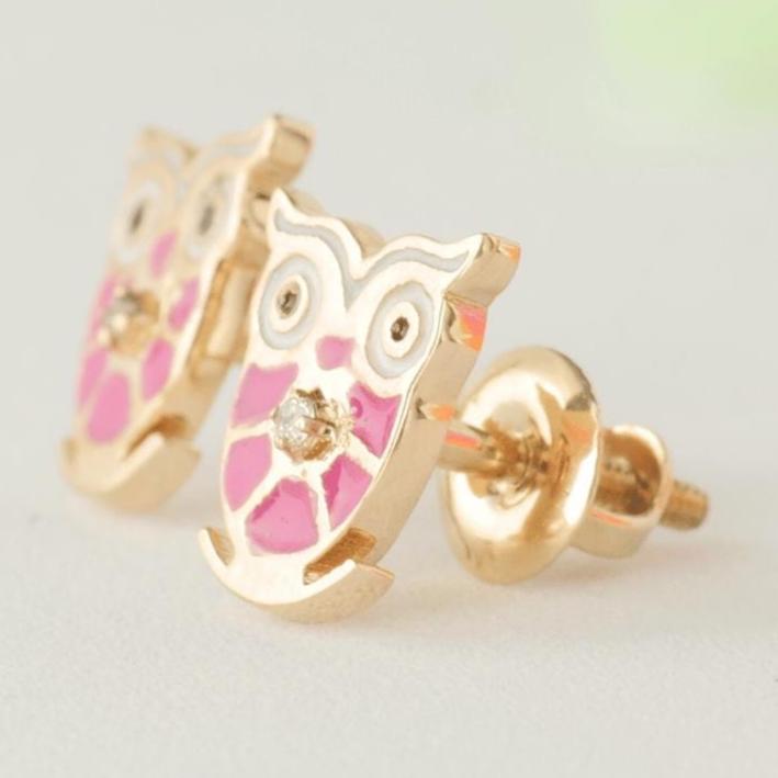 Owl Diamond Kids Stud Earrings, Enamel Studs, 14k Solid Gold, Natural Diamond, Gift for toddlers/girls/kid, Ready to Ship