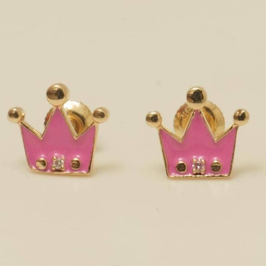 Diamond Crown Kids Earrings, Pink Enamel Studs, 14k Solid Gold, Natural Diamonds, Everyday jewelry, Gift for toddlers/girls, Ready To Ship