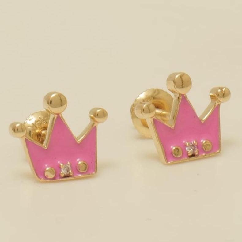 Diamond Crown Kids Earrings, Pink Enamel Studs, 14k Solid Gold, Natural Diamonds, Everyday jewelry, Gift for toddlers/girls, Ready To Ship