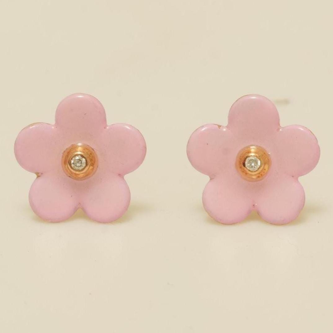 Diamond Flower Kids Earrings, Pink Enamel Floral Studs, 14k Solid Gold, Natural Diamonds, Gift for toddlers/girls/kids, Ready To Ship
