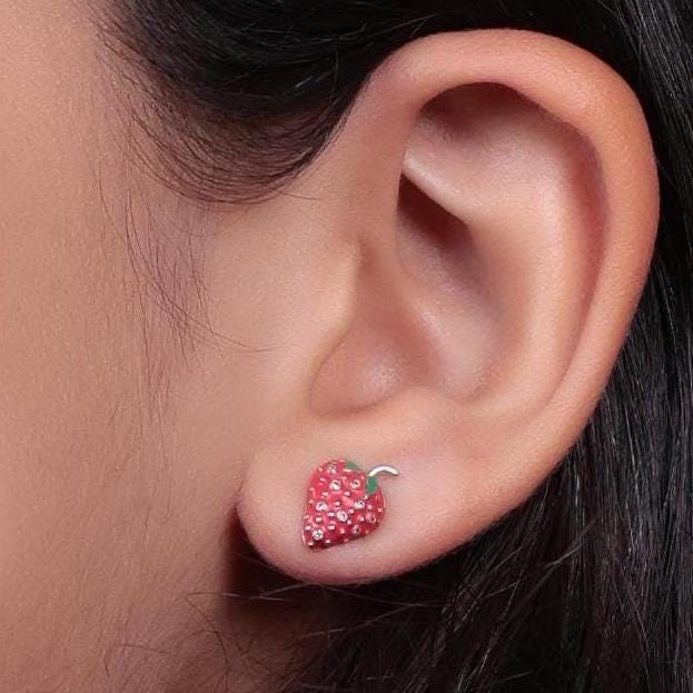 Kids Strawberry Diamond Stud Earrings, 14k Solid Gold, Natural Diamonds, Enamel Fruit Jewelry, Gift for girls, Ready To Ship, HRD Certified