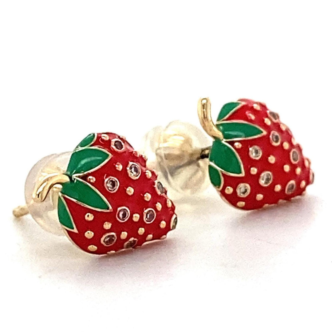 Kids Strawberry Diamond Stud Earrings, 14k Solid Gold, Natural Diamonds, Enamel Fruit Jewelry, Gift for girls, Ready To Ship, HRD Certified