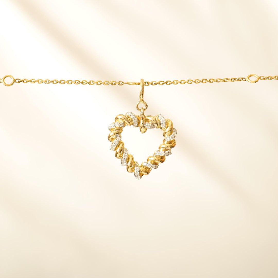Heart Diamond Charm, 14k Solid Gold, Natural Diamonds, Everyday Staking Jewelry, Dual Tone Love Necklace, Twisted Statement Pendant