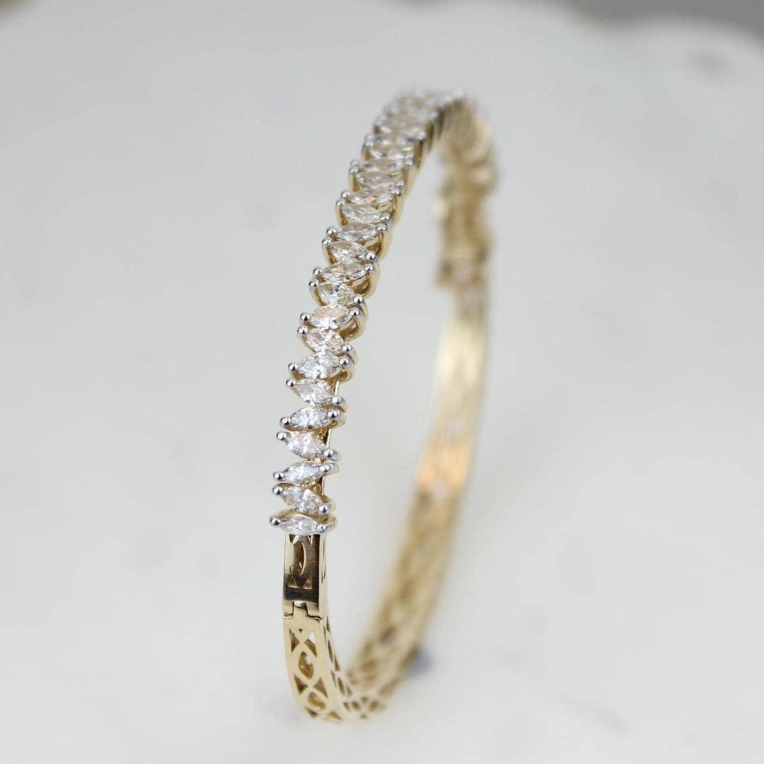 Marquise Diamond Bangle Bracelet, 14k Solid Gold, Natural Diamonds, Half Eternity Statement Jewelry, Bridal Stackable Bracelet