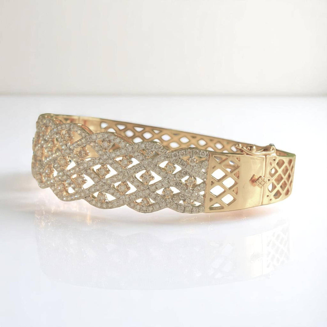Lattice  Broad Natural Diamond Cocktail Bracelet, 14k Solid Gold Wide Statement Bangle Jewellery, Certified Jewelry