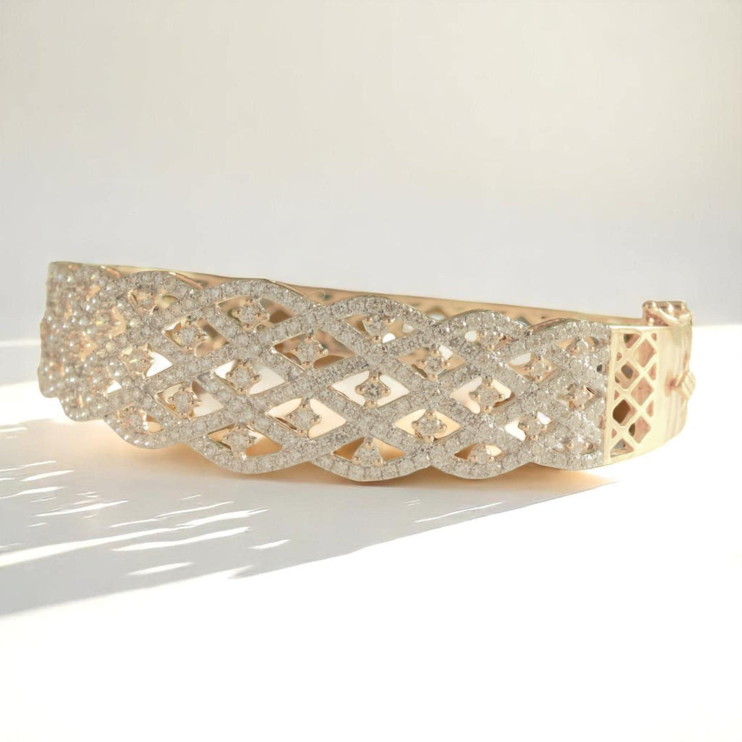 Lattice  Broad Natural Diamond Cocktail Bracelet, 14k Solid Gold Wide Statement Bangle Jewellery, Certified Jewelry
