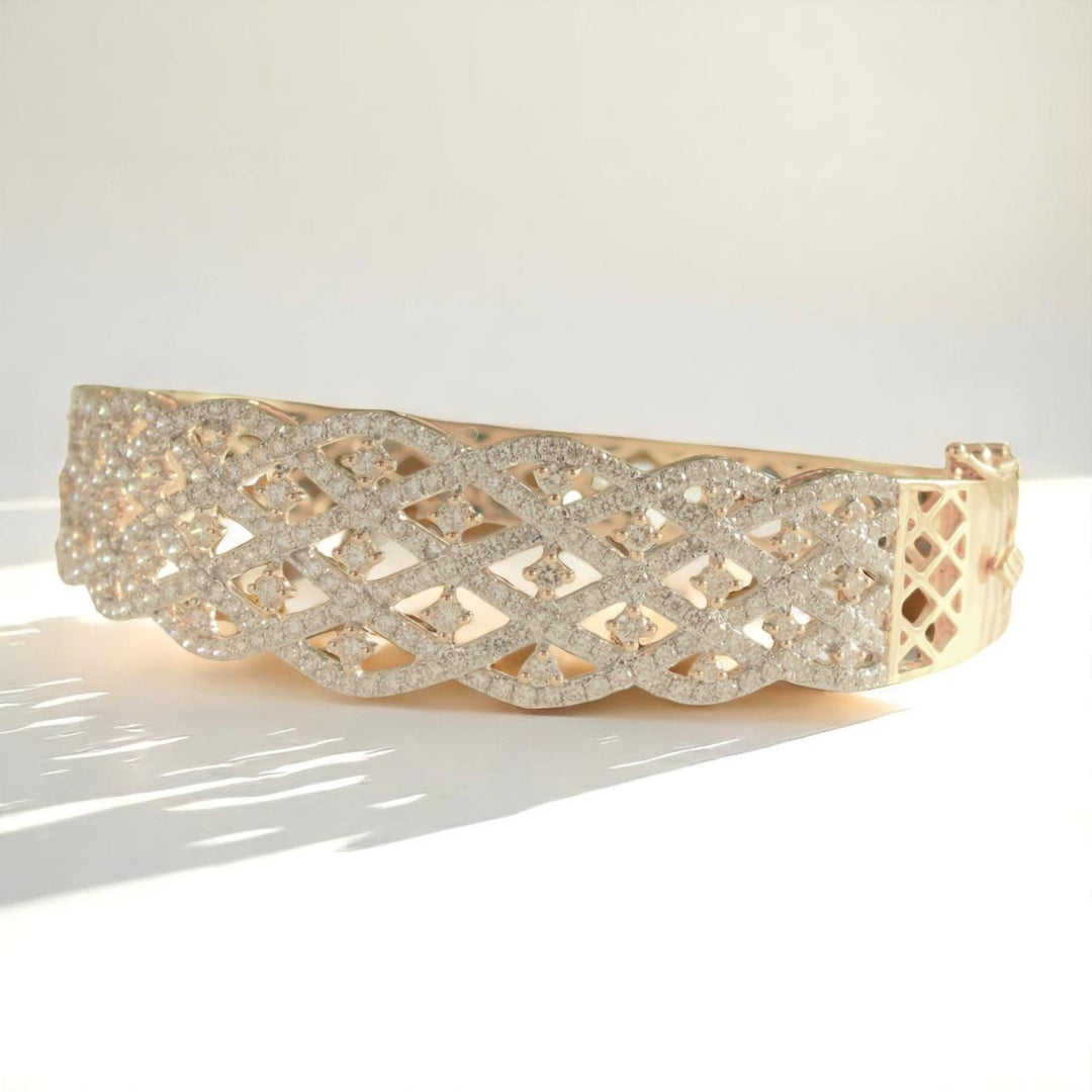Broad Diamond Bangle Bracelet, 14k Solid Gold, Natural Diamonds, Wide Statement Jewelry, Cocktail Lattice Bracelet