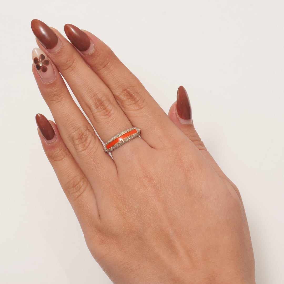 Colored Enamel Diamond Band Ring, 14k Solid Gold, Natural Diamonds, Stackable Rings, Wide Band Statement Ring, Ready To Ship, IGI Certified