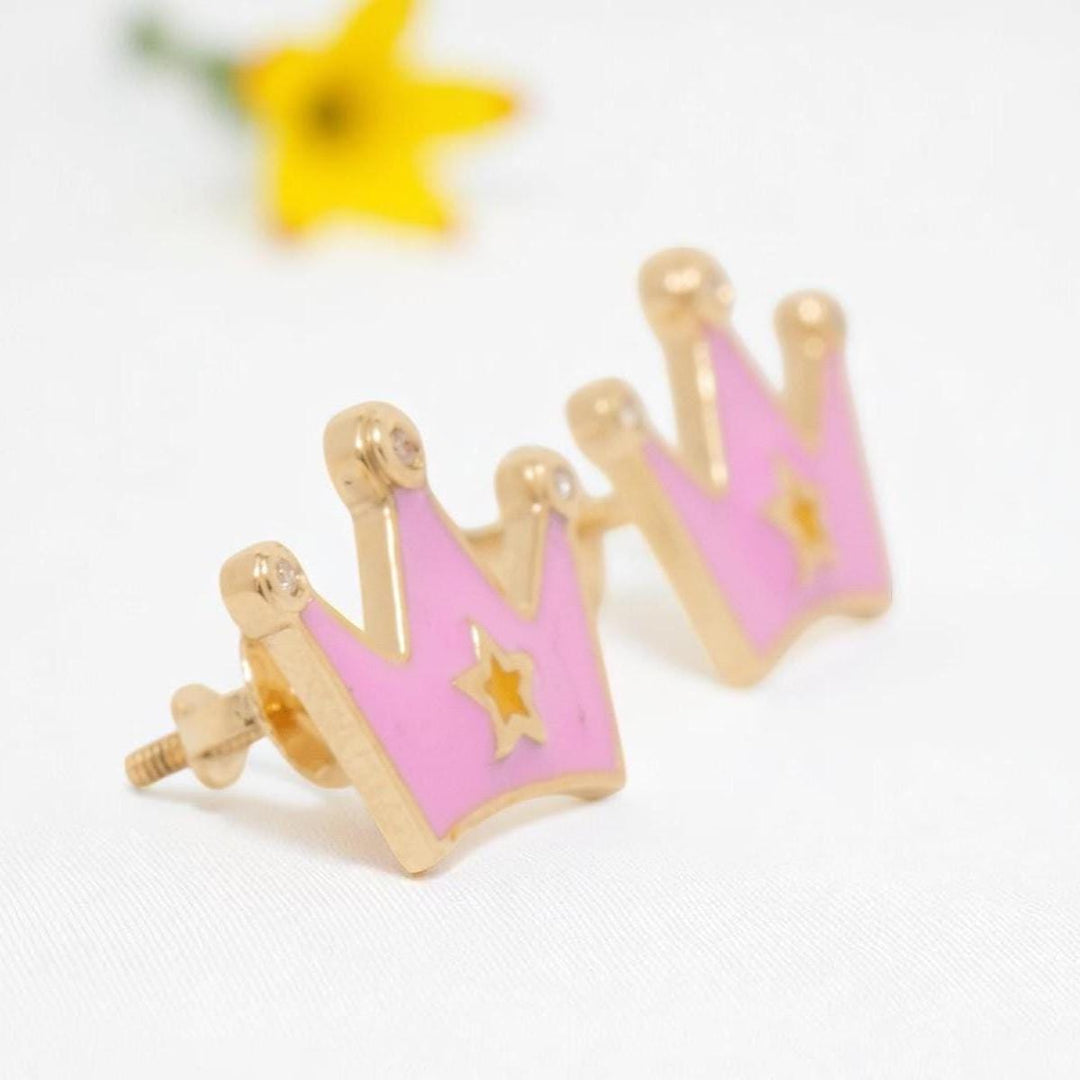 Kids Crown Diamond Stud Earrings, 14k Solid Gold, Natural Diamonds, Pink Enamel Princess Jewelry,  Ready To Ship, HRD Certified