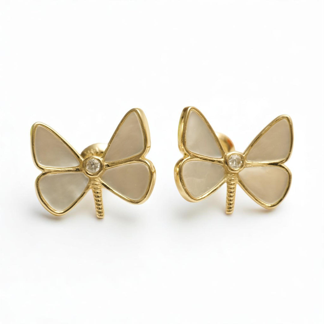 Kids Mother Of Pearl Butterfly Diamond Stud Earrings, 14k Solid Gold, Natural Diamonds, Kids Jewelry, Gift for toddlers/girls, Ready To Ship