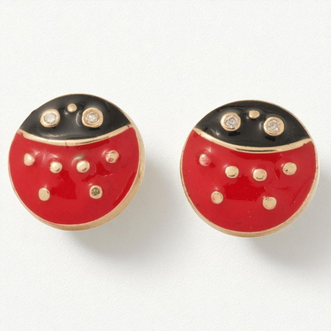 Kids Ladybug  Diamond Earrings, 14k Solid Gold, Natural Diamonds, Enamel Insect Stud Jewelry, Gift for toddlers/girls/ kids, Ready To Ship