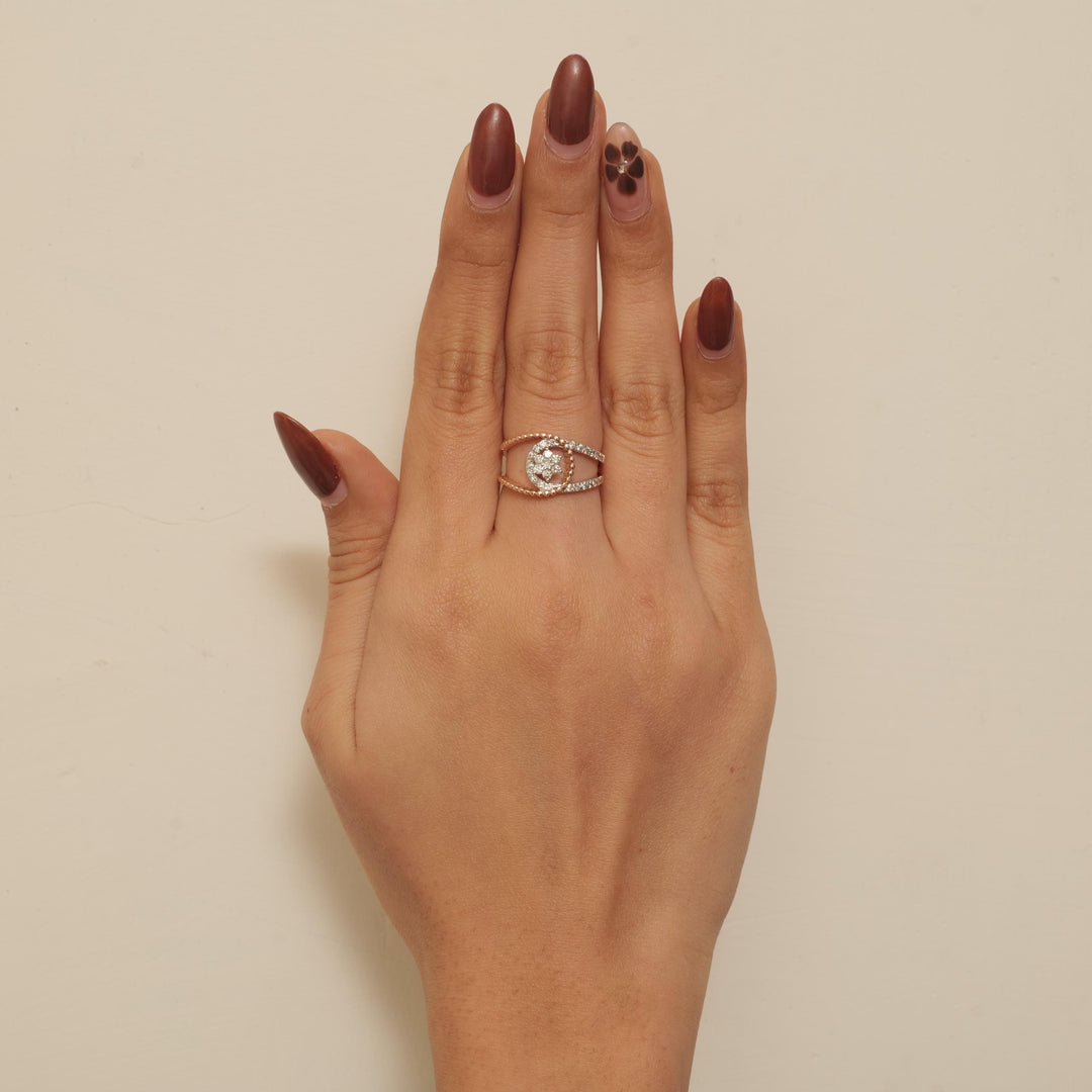 Floral Gold Diamond Ring, 14k Solid Gold, Natural Diamonds, Split Band Open Ring, Dual Tone Ring, Gift for Her