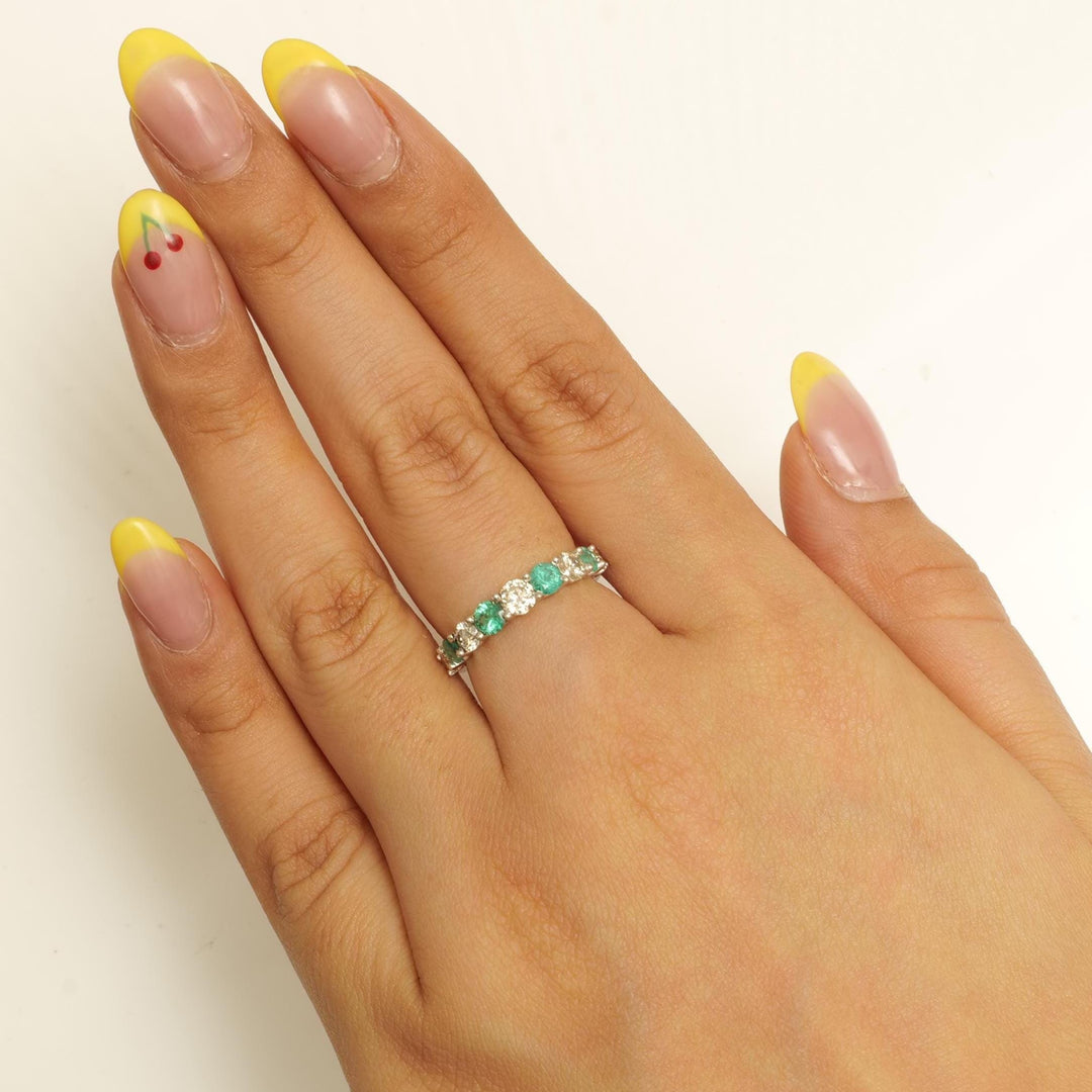 Emerald Half Eternity Diamond Band Ring, 14k Solid Gold, Natural Diamond, Gemstone Stacking Ring, Everyday Minimalist Jewelry, Gift for Her