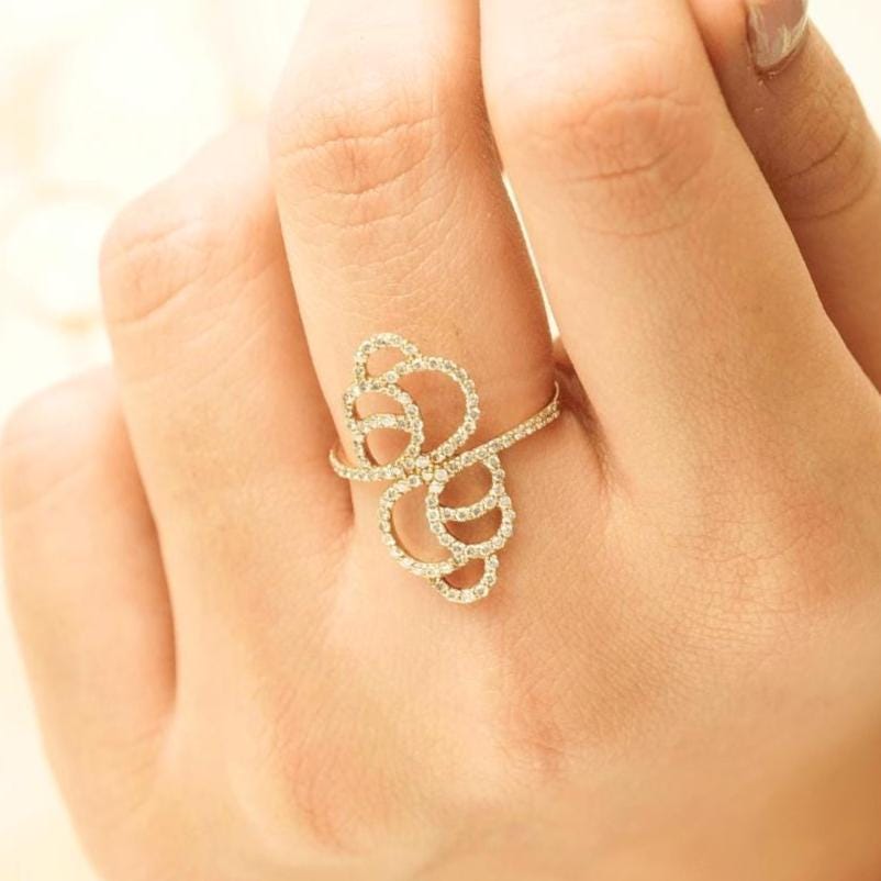 Diamond Floral Ring, 14k Solid Gold, Natural diamonds, Abstract Statement Ring, Cocktail Party Ring, Openwork Ring, Gift For Her