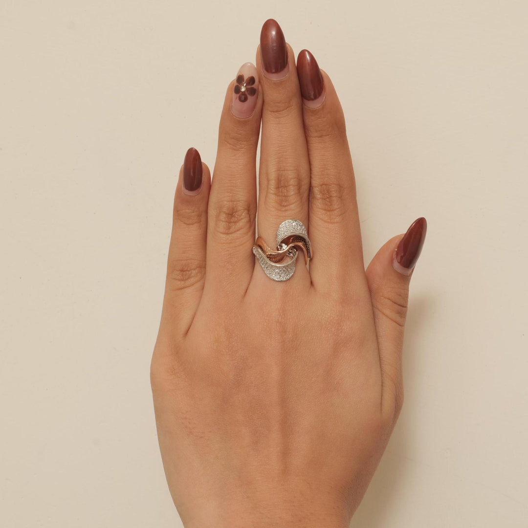 Wave Crossover Diamond Ring, 14k Solid Gold, Natural Diamonds, Two-Toned Pave Ring, Cocktail Statement Jewelry, Gift For Her