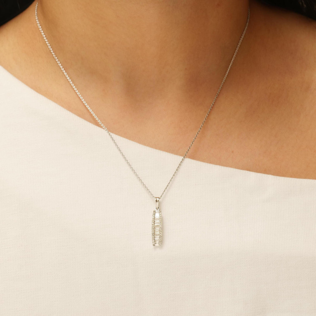 Bar Diamond Pendant, 14k Solid Gold, Baguette and Round Natural Diamonds, Modern Stacking Chain Charm, Minimalist Jewelry, Gift for Her