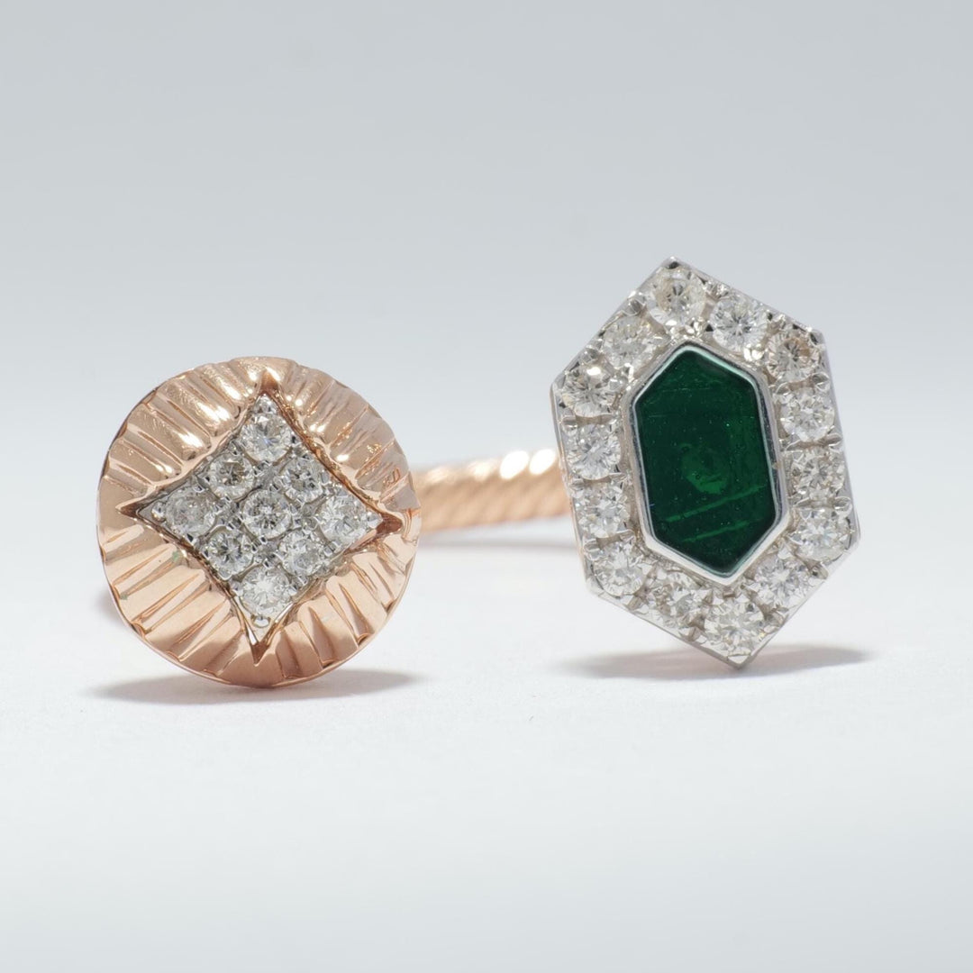 Hexagonal Open Cuff Diamond Ring, 14K Solid Gold, Natural Diamond, Geometric Cocktail Enamel Ring, Dual Tone Statement Jewelry, Gift For Her