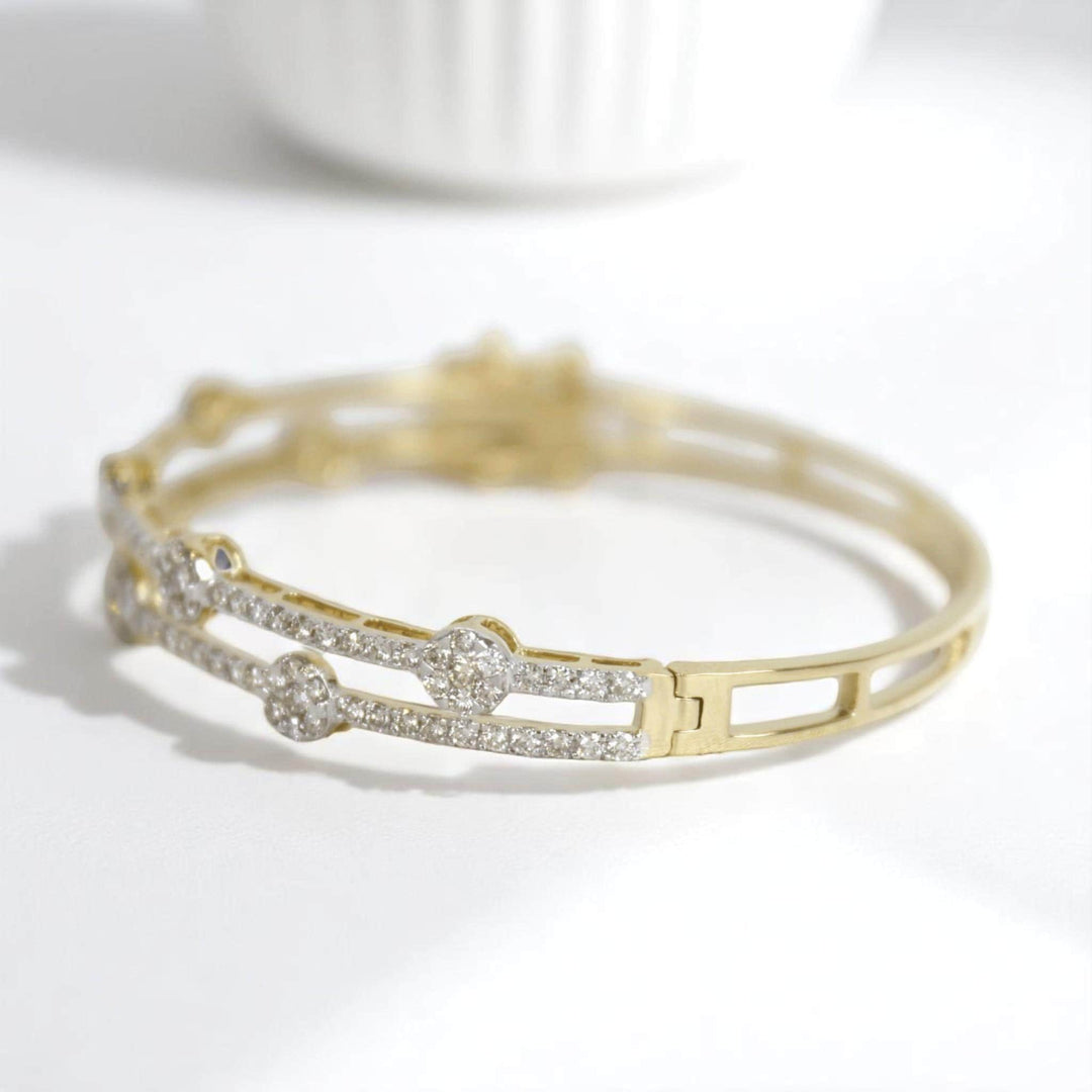 Dual Line Cluster Natural Diamond Cuff Bracelet: 14k Solid Gold Illusion Stackable Bangle Jewellery, Certified Jewelry