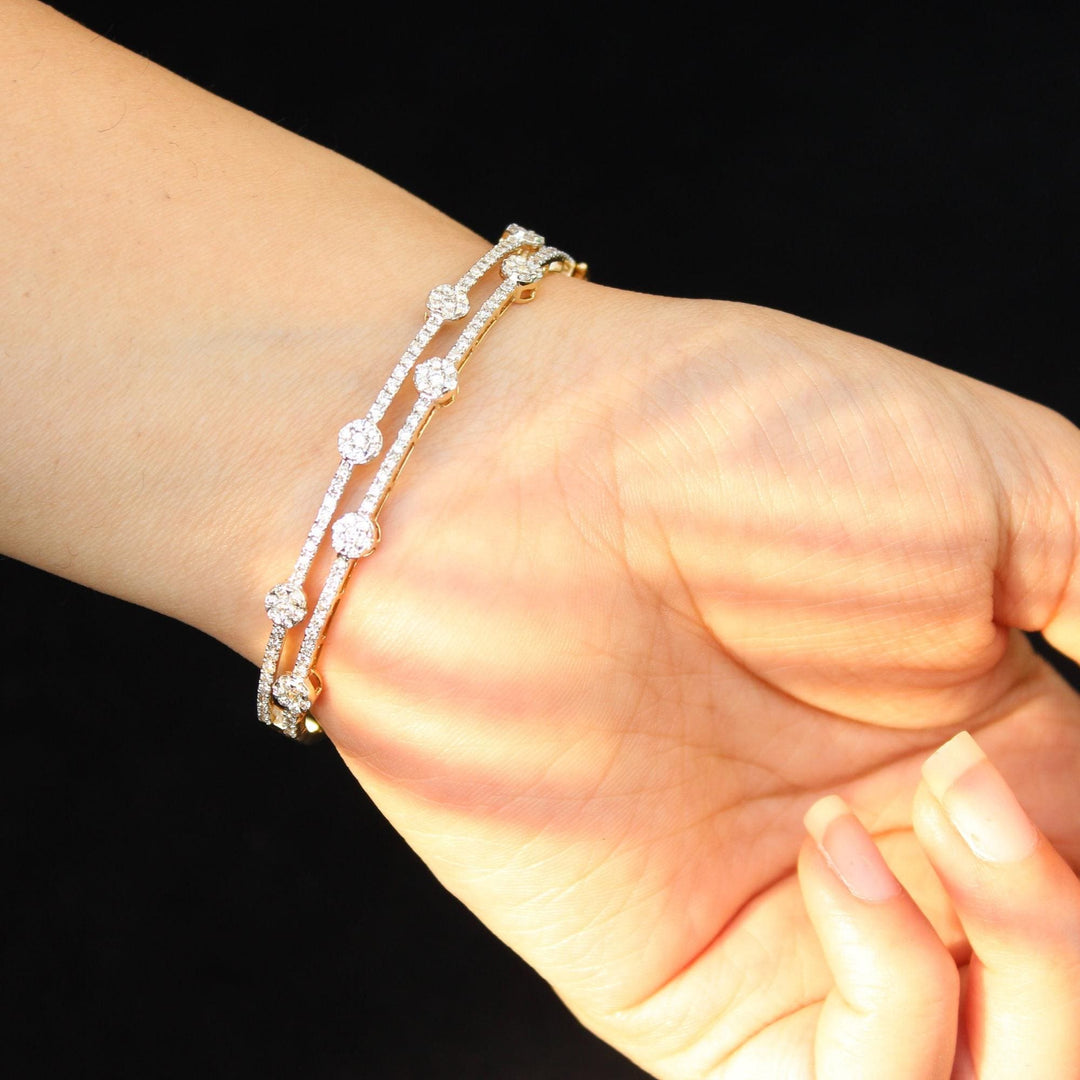 Dual Line Cluster Natural Diamond Cuff Bracelet: 14k Solid Gold Illusion Stackable Bangle Jewellery, Certified Jewelry