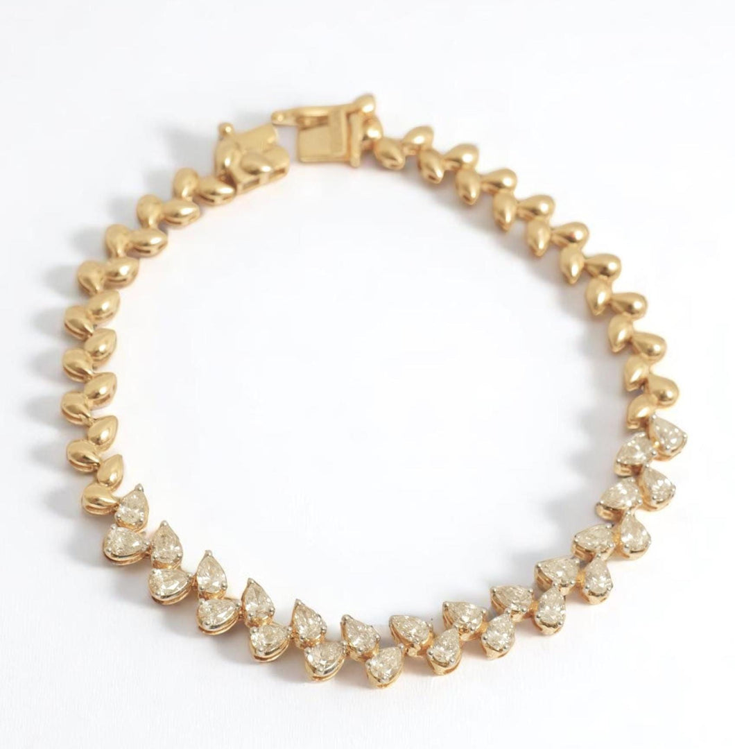 Teardrop Link Diamond Tennis Bracelet, 14k Solid Gold, Pear Natural Diamonds, Leaves Statement Bracelet, Wedding Bridal Jewelry