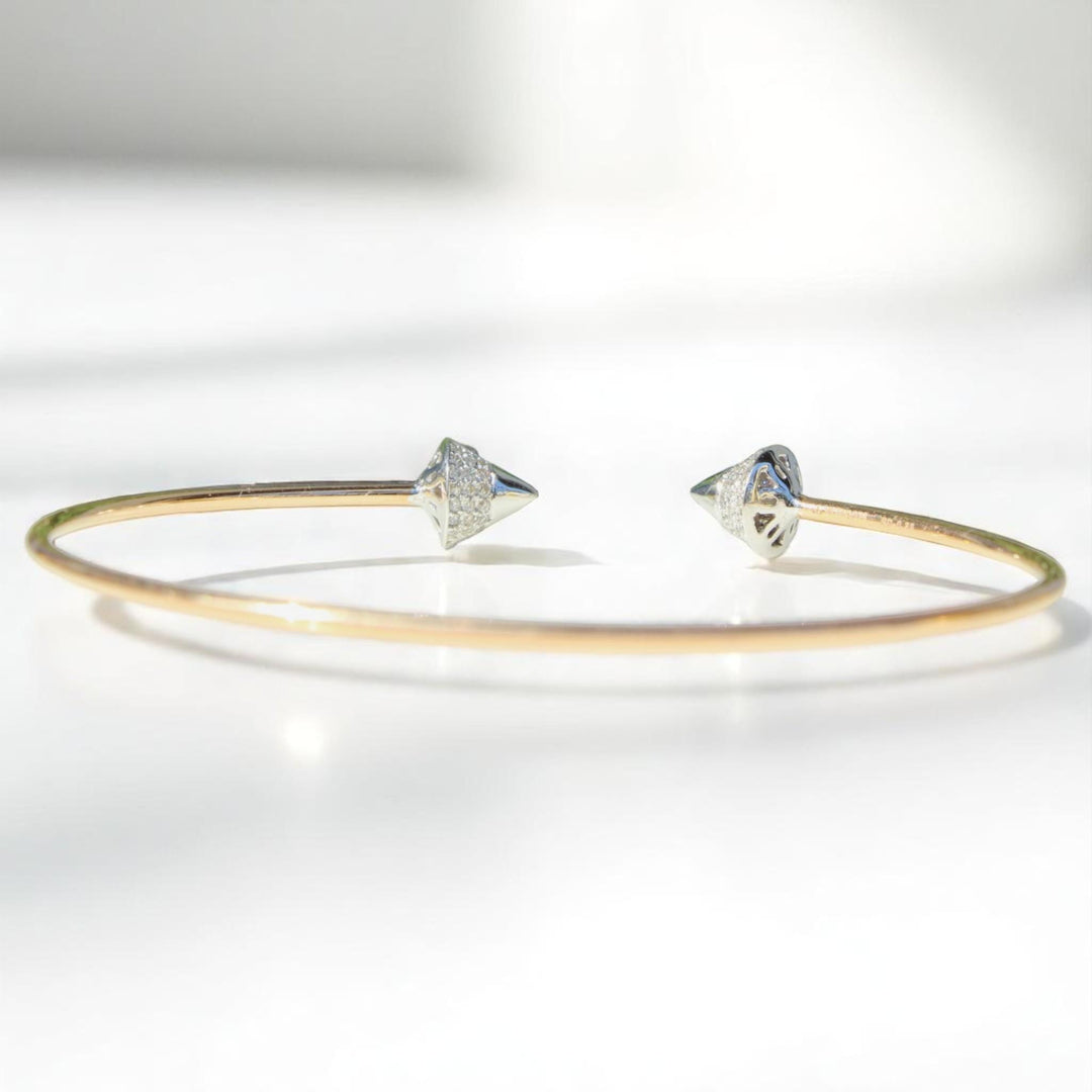 Cone End Natural Diamond Minimalistic Stacking Bracelet: 14K Solid Gold Dual Tone Geometric Open Cuff Jewellery, Certified Jewelry