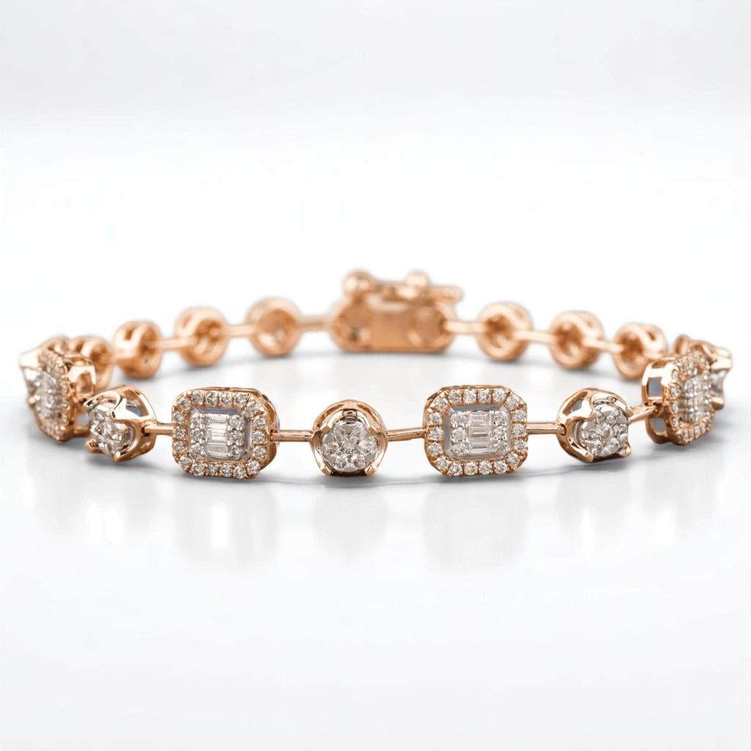 Geometric Halo Natural Diamond Stackable Tennis Bracelet: 14k Solid Gold Illusion Two Toned Minimalistic Jewellery, Certified Jewelry