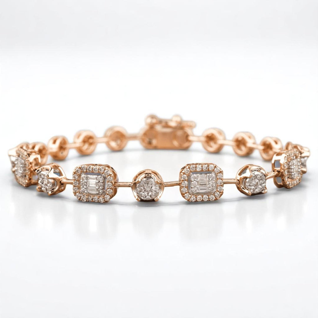 Halo Set Diamond Tennis Bracelet, 14k Solid Gold, Natural Diamonds, Illusion Two Toned Bracelet, Stackable Minimalistic Jewelry