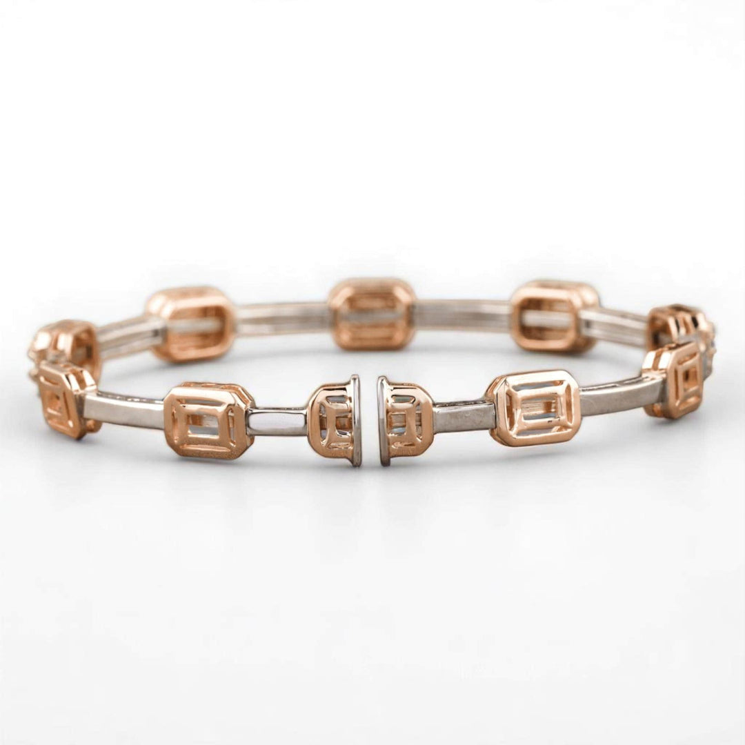 Emerald Cut Halo Diamond Bangle Bracelet, 14k Solid Gold, Natural Diamonds, Two Toned Illusion Setting Bracelet, Stackable Bridal Bracelet