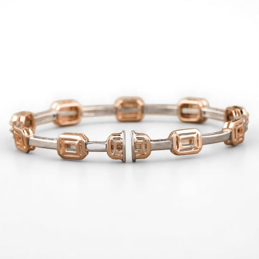 Emerald Cut Halo Natural Diamond Bangle Bracelet: 14k Solid Gold Two Toned Illusion Bridal Jewellery, Certified Jewelry