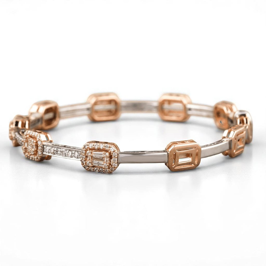 Emerald Cut Halo Natural Diamond Bangle Bracelet: 14k Solid Gold Two Toned Illusion Bridal Jewellery, Certified Jewelry