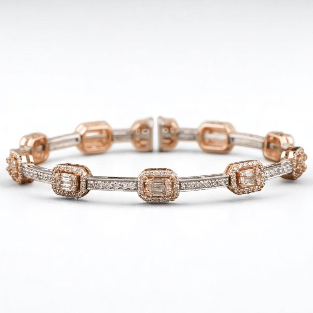 Emerald Cut Halo Natural Diamond Bangle Bracelet: 14k Solid Gold Two Toned Illusion Bridal Jewellery, Certified Jewelry