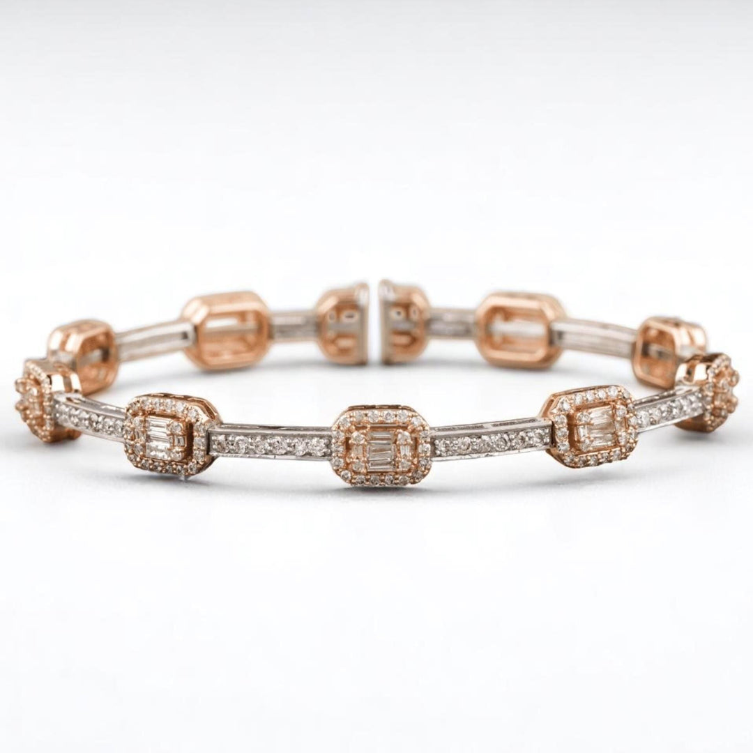 Emerald Cut Halo Diamond Bangle Bracelet, 14k Solid Gold, Natural Diamonds, Two Toned Illusion Setting Bracelet, Stackable Bridal Bracelet