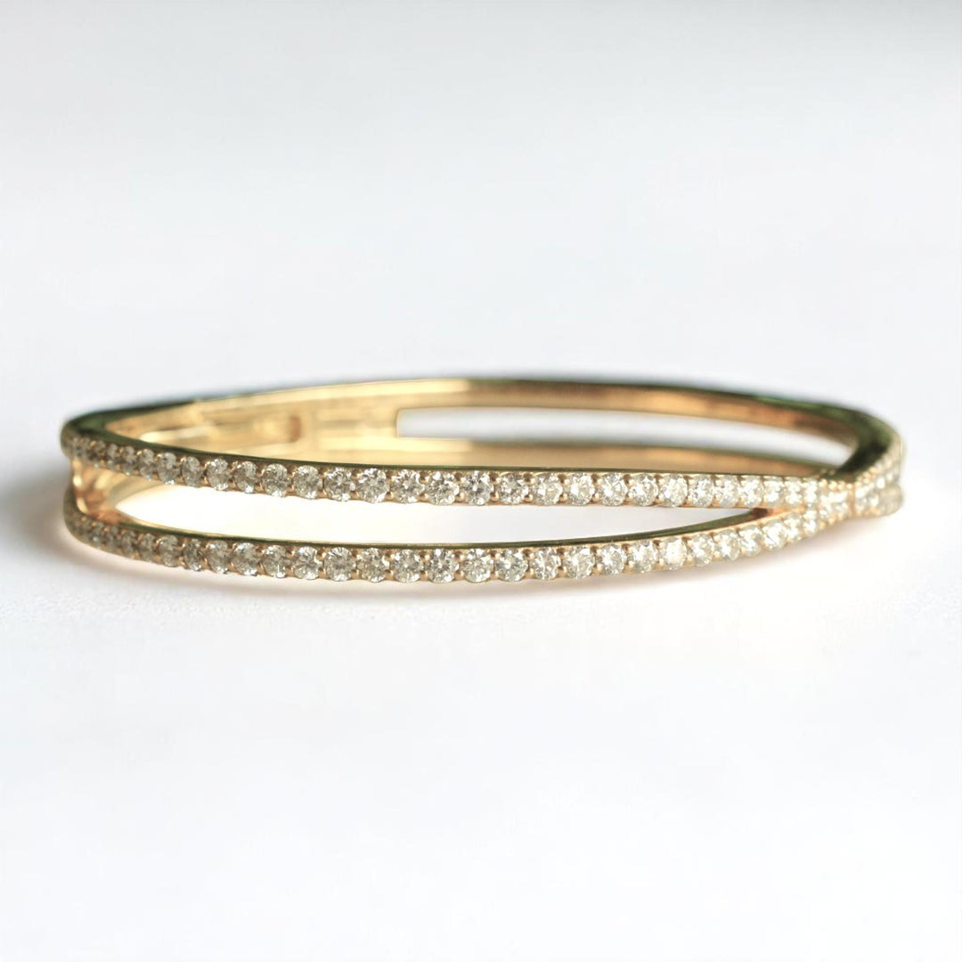 Crossover Diamond Bracelet, 14k Solid Gold, Natural Diamonds, Gold Stackable Bangle, Statement Jewelry, Wide Cocktail Bracelet