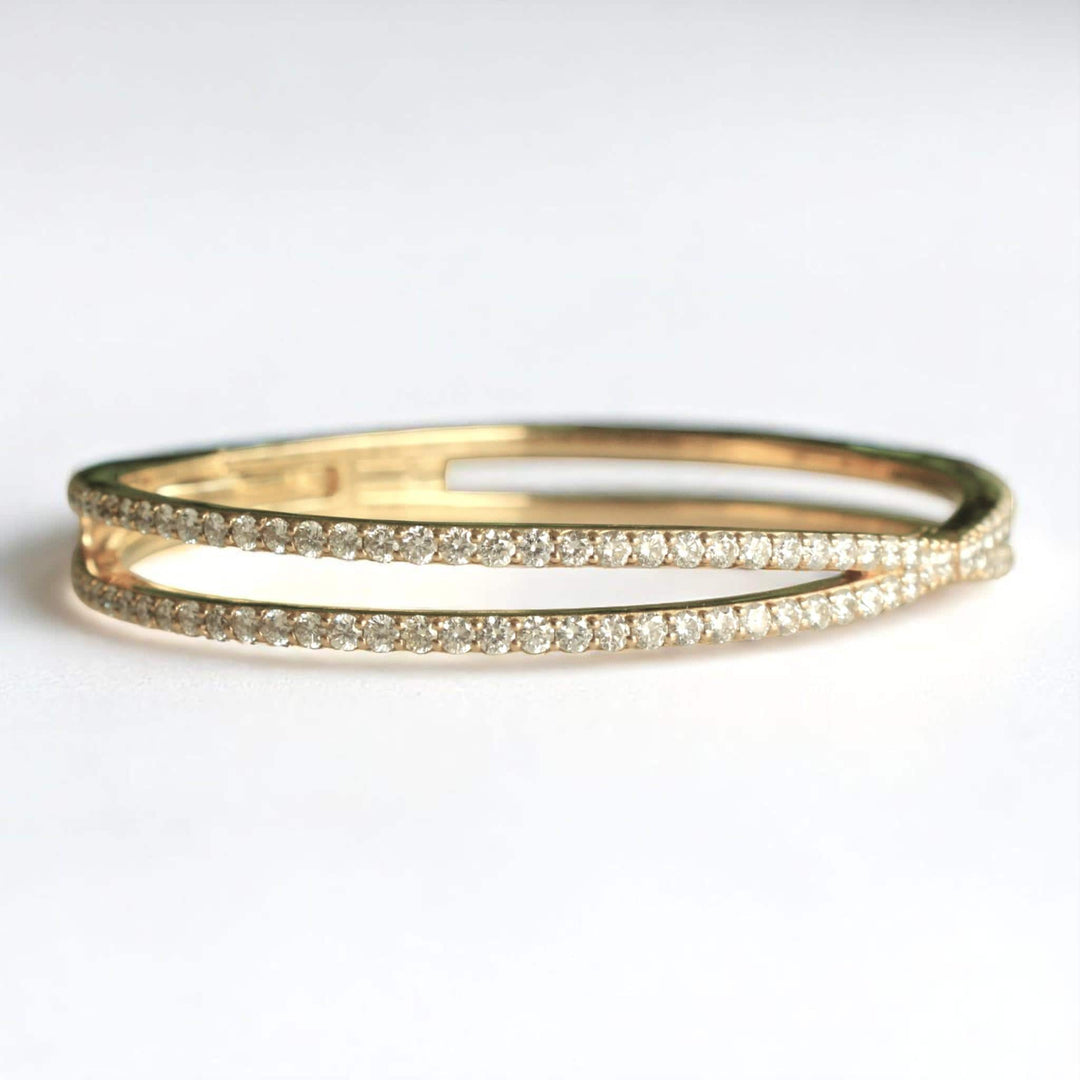 Crossover Diamond Bracelet, 14k Solid Gold, Natural Diamonds, Gold Stackable Bangle, Statement Jewelry, Wide Cocktail Bracelet