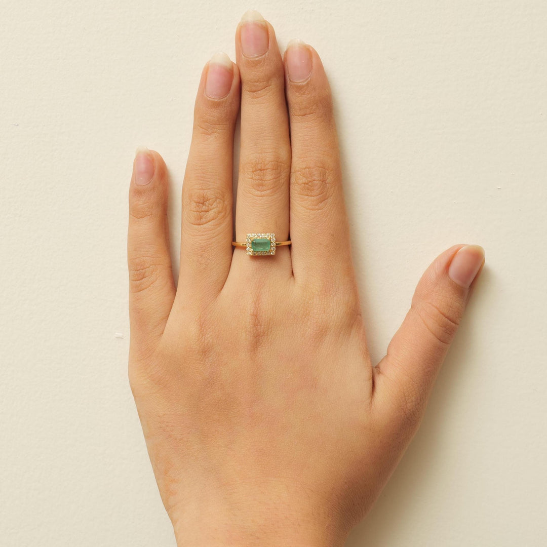 Halo Emerald Diamond Ring, Gemstone Engagement Ring, 14K Solid Gold, Natural Diamond,  Bridal Promise Ring, Minimalist Jewelry, Gift For Her