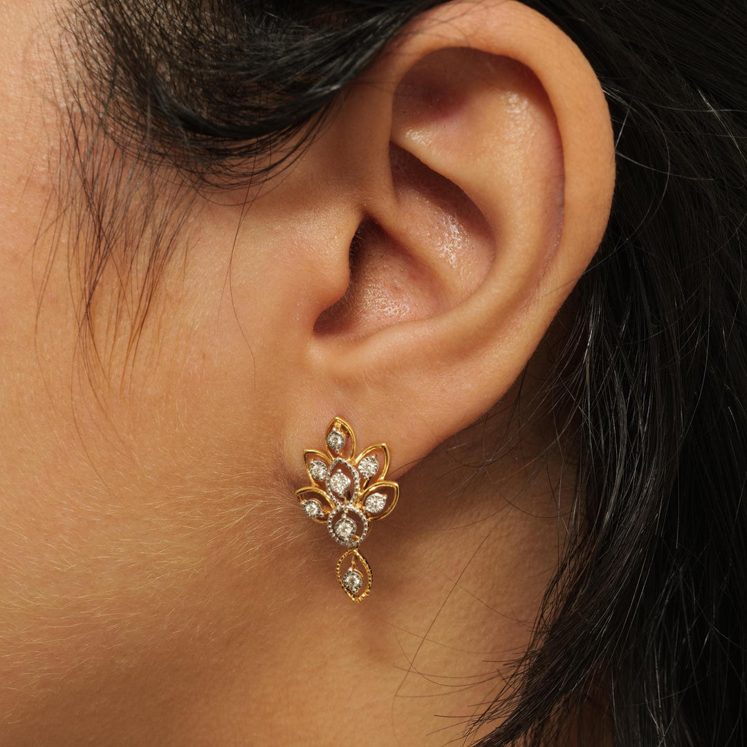 Floral Diamond Drop Earrings, 14k Solid Gold, Natural Diamonds, Illusion Set, Leaf Design, Dangle Earrings, Statement Jewelry, Gift for Her