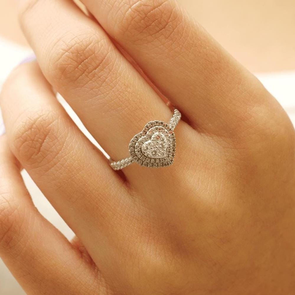 Heart Natural Diamond Cluster Proposal Ring: 14k Solid Gold Double Halo Promise Jewellery, Certified Jewelry