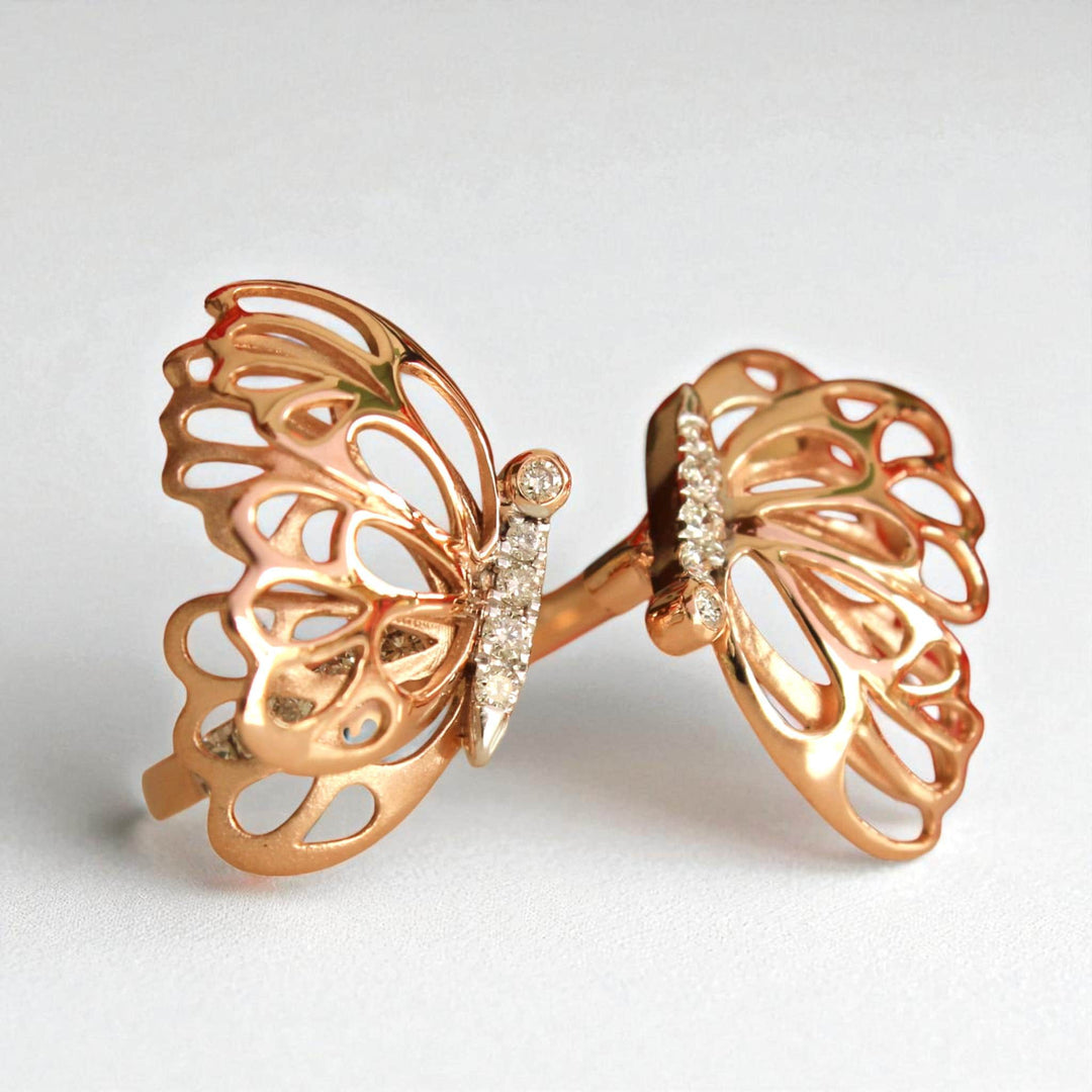 Butterfly Diamond Ring In 14K Solid Gold, Filigree Ring With Natural Diamonds, Gift For Her