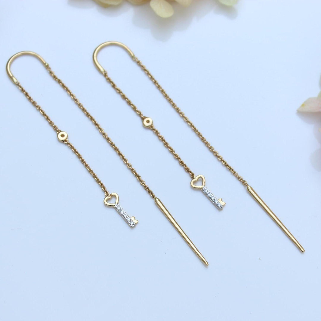 Lock And Key Thread Diamond Earrings, Dangle Diamond Earrings, 14k Solid Gold, Natural Diamonds, , Minimalist Earrings Gift For Her