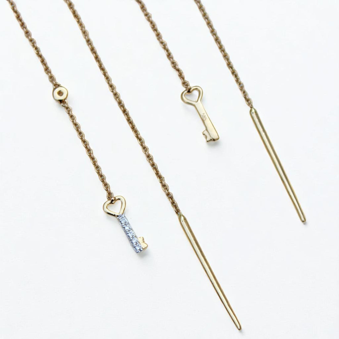 Lock And Key Thread Diamond Earrings, Dangle Diamond Earrings, 14k Solid Gold, Natural Diamonds, , Minimalist Earrings Gift For Her