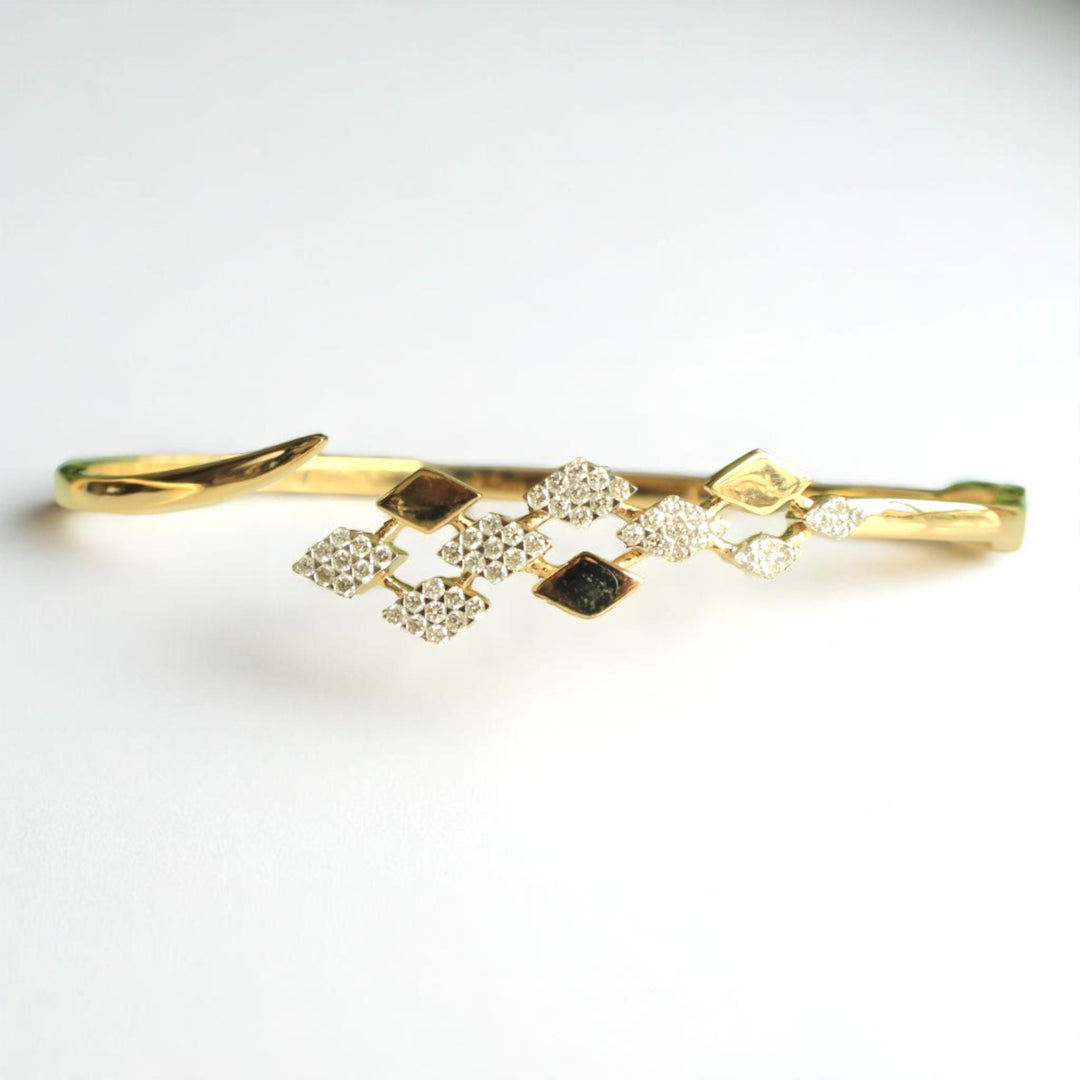 Rhombus Open Cuff Bracelet, 14K Solid Gold, Natural Diamond, Cluster Stackable Bangle, Geometric Layered Cocktail Jewelry, Statement Bangle