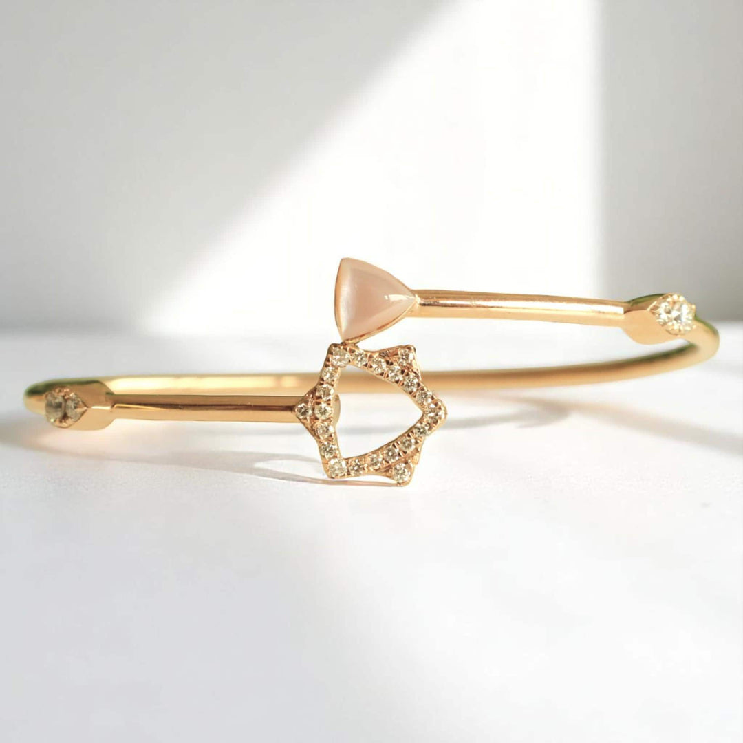 Star Triangle Natural Diamond Bracelet: 14k Solid Gold Mother Of Pearl Dual Styling Cuff Bangle, Statement Jewellery, Certified Jewelry