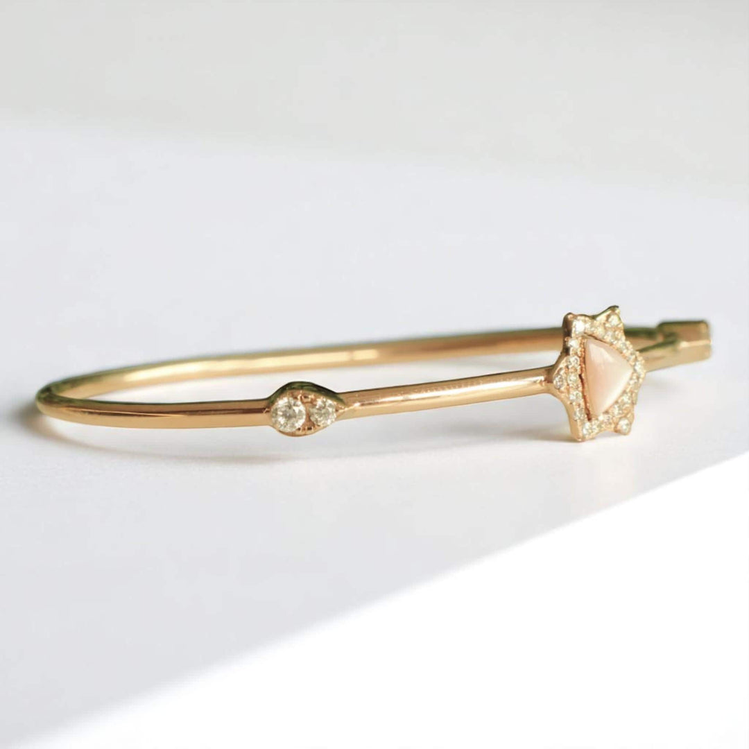 Star Triangle Natural Diamond Bracelet: 14k Solid Gold Mother Of Pearl Dual Styling Cuff Bangle, Statement Jewellery, Certified Jewelry