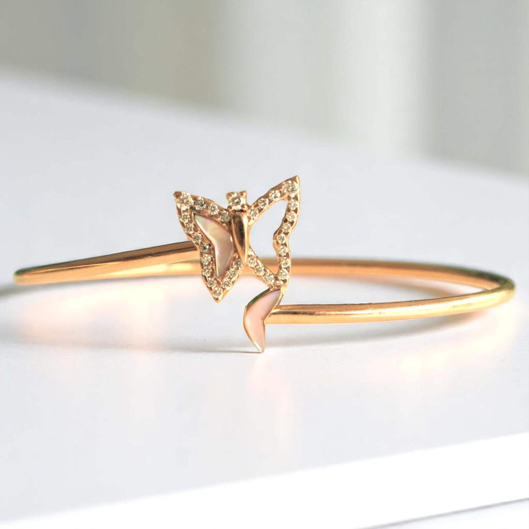 Butterfly Diamond Cuff Bracelet, 14k Solid Gold, Natural Diamonds, Mother Of Pearl Bangle, Prom Bracelet, Statement Minimalistic Jewelry