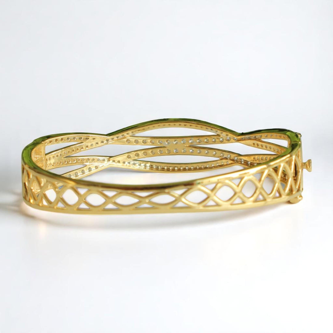 Wavy Criss Cross Diamond Bangle Bracelet, 14k Solid Gold, Natural Diamonds, Lattice Statement Bracelet, Stackable Jewelry