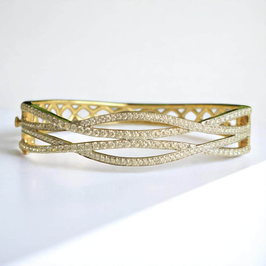 Wavy Criss Cross Diamond Bangle Bracelet, 14k Solid Gold, Natural Diamonds, Lattice Statement Bracelet, Stackable Jewelry
