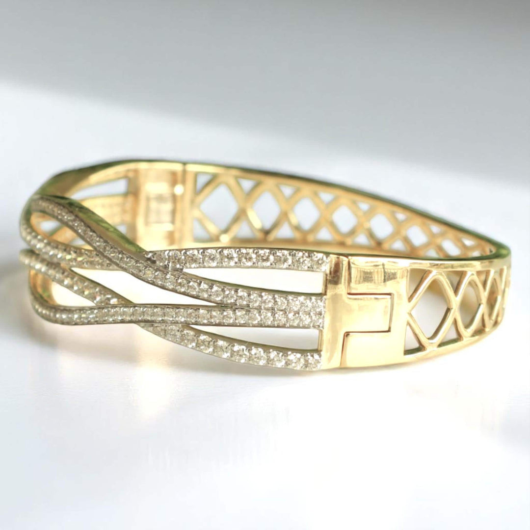 Wavy Criss Cross Diamond Bangle Bracelet, 14k Solid Gold, Natural Diamonds, Lattice Statement Bracelet, Stackable Jewelry