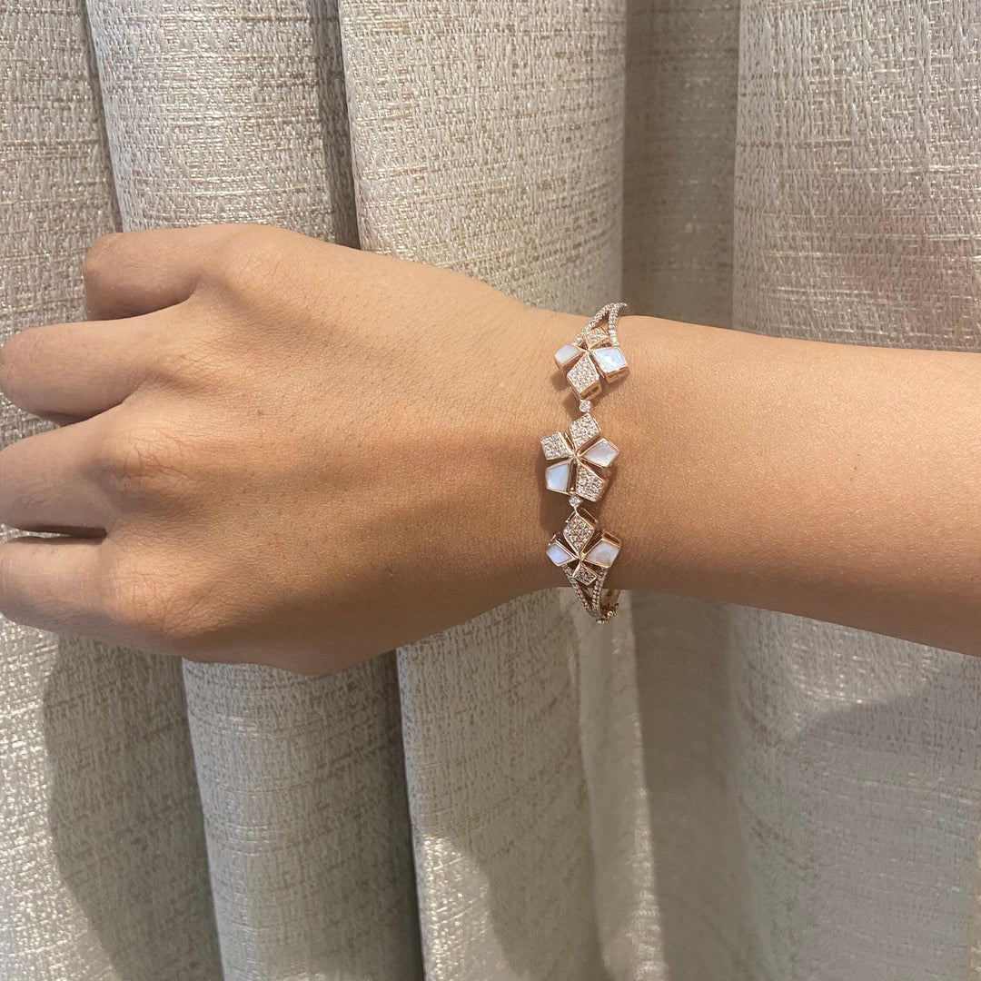 Floral Cluster Diamond Bracelet, 14k Solid Gold, Natural Diamonds, Mother Of Pearl Minimalistic Bangle, Statement Stackable Bracelet