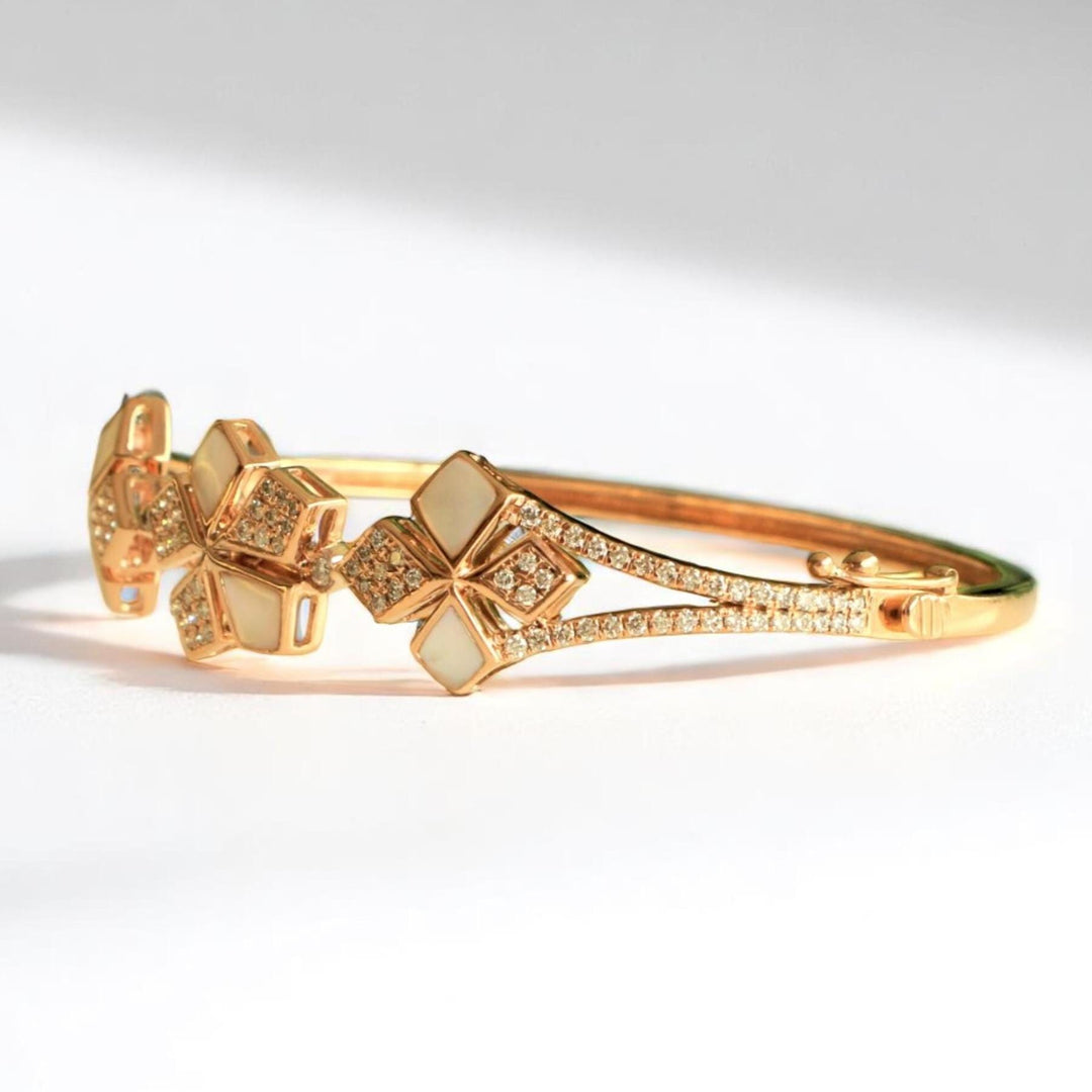 Floral Cluster Diamond Bracelet, 14k Solid Gold, Natural Diamonds, Mother Of Pearl Minimalistic Bangle, Statement Stackable Bracelet